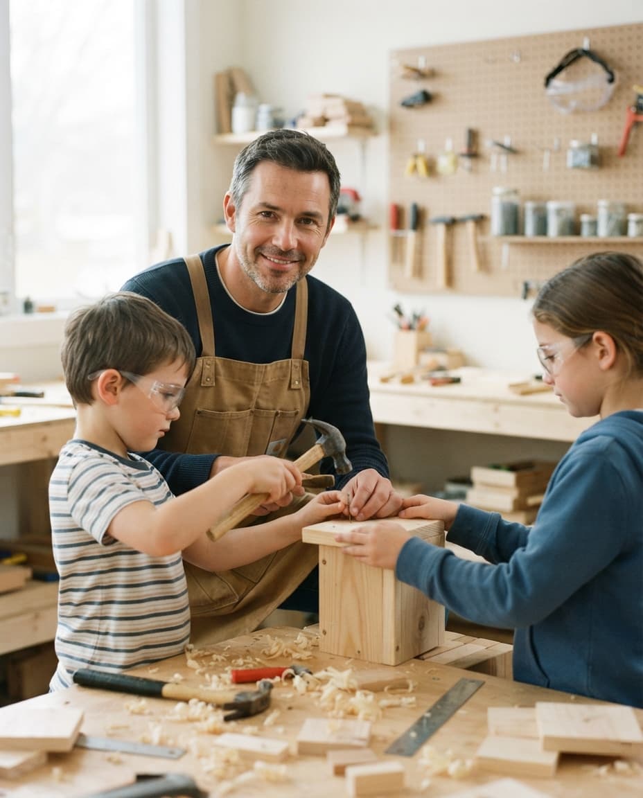 Un intervenant et deux enfants dans son atelier